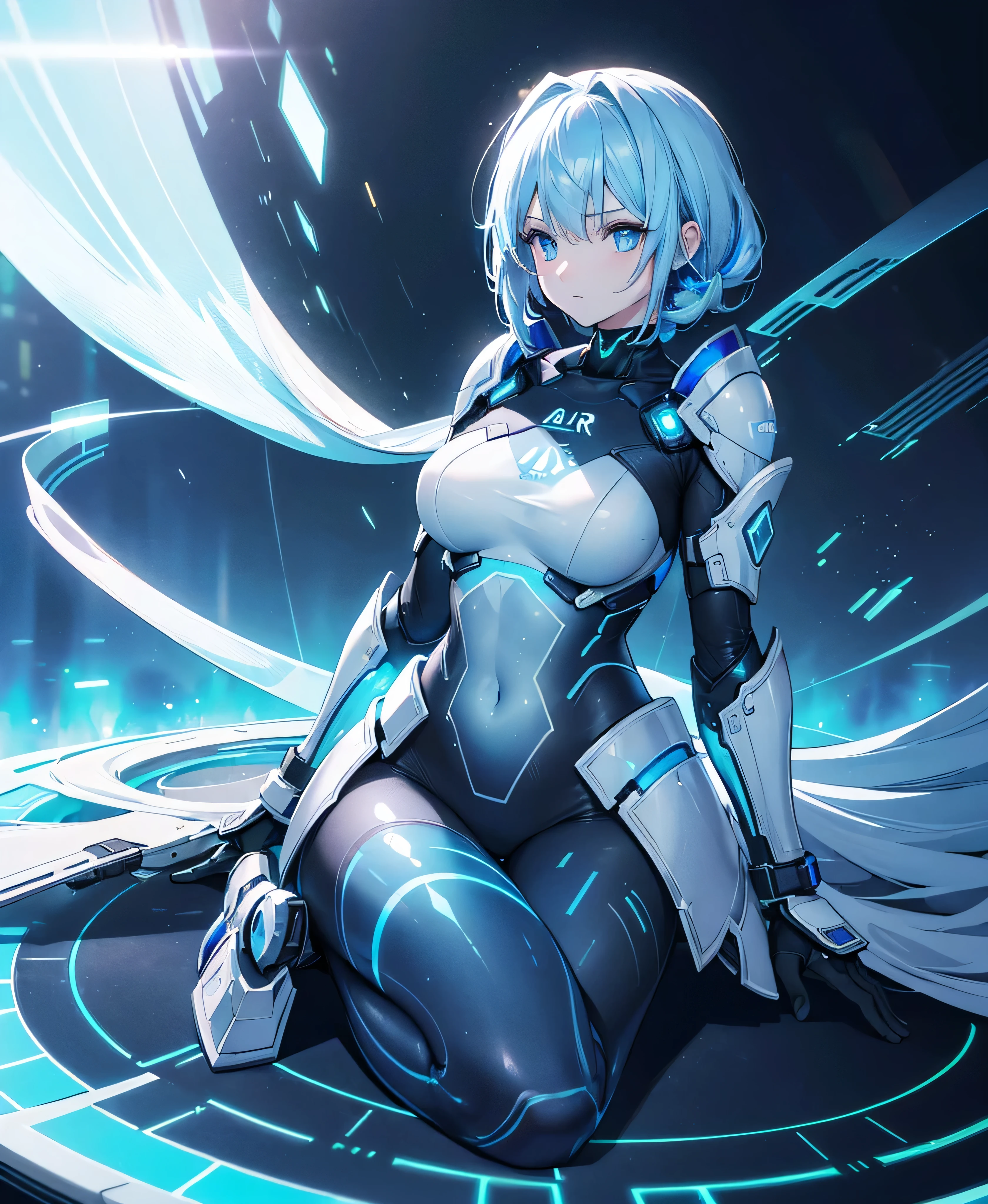 ((Holographic glow effect)),8k, Highest quality, (real:1.4), Original photo, 1 girl, Asari Hair, Biological Amplifier, refined armor, posture: Peace talks between warring factions, smart blue eyes,whole body