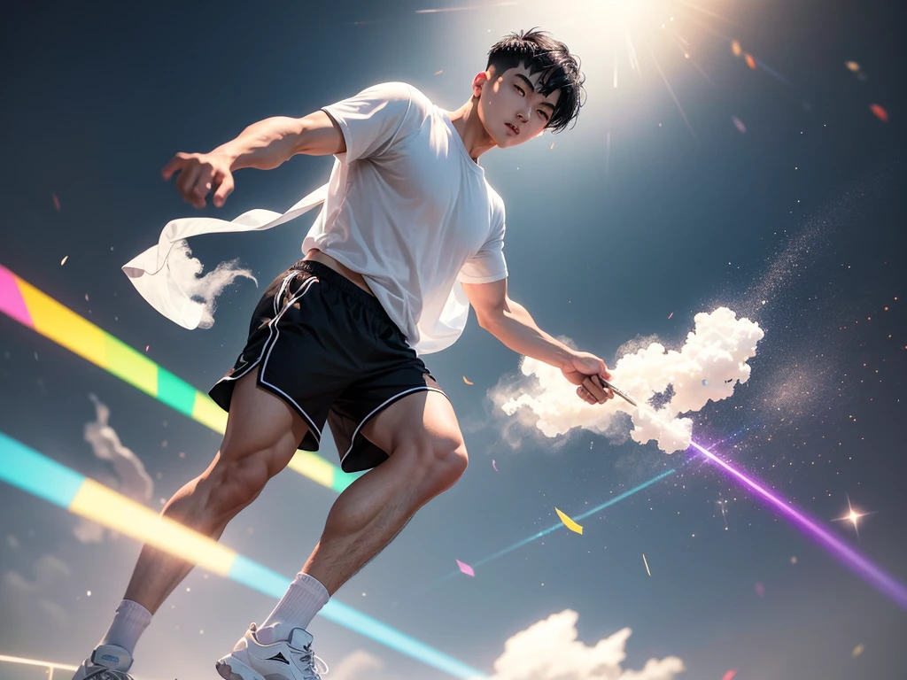 full body of a robust asian man, standing in front, lengthening, sweaty skin, with one hand on the waist and one arm extended upwards, Short black hair, rainbow underwear,, short white t-shirt, white sneakers with white socks, glam makeup, tuquoise background and multicolored light from below, bright glitter in the air and wind.