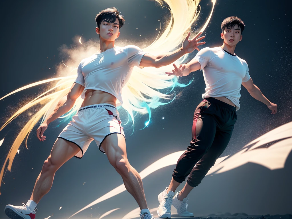 Full body of a robust Asian man standing from the front, sweaty skin, Short black hair, boxer blancos, short white t-shirt, white sneakers with white socks, glam makeup, tuquoise background and multicolored light from below, bright glitter in the air and wind.