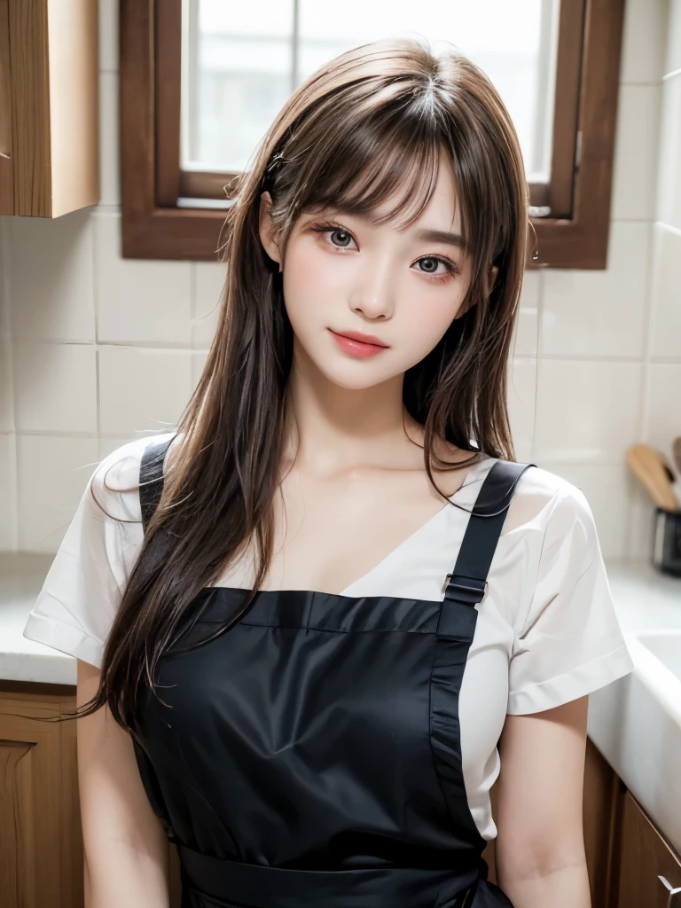 ((masterpiece: 1.3),8k, Realistic, RAW Photos, Highest quality: 1.4),whole body、 (One Girl)、 beautiful顔, (Realistic Face), (Brown long hair: 1.3), bangs,  Perfect dynamic composition,(High quality with attention to detail, Realistic depiction of eyes:1.3)、(((A white lace apron that reveals bare skin、White lace panties、kitchen)))、 Buckshot、From the back、２１talent、beauty、Well-formed face、Make the eyes even、Banditium Build、Balanced ratio、beautiful足、Fresh face、beautiful景色、beautifulヘアスタイル, (bangs), (smile), smile, Realistic eyes, Gloss, highlight, highlight in the Eyes, eyelash, 目の中のbeautifulディテール, (Realistic Skin), Shooting from the air、beautiful肌, Transparency、(beautiful)、 smile, teeth, Confused, charm, 超High resolution, Ultra-realistic, High resolution, Golden Ratio, clear eyes, Wet, Looking into the camera, ear, Shine, Long neck, double eyelid, Thin eyebrows、Big eyes, cheek, kind character, charm personality, kind, 圧倒的なcharm, bright personality
