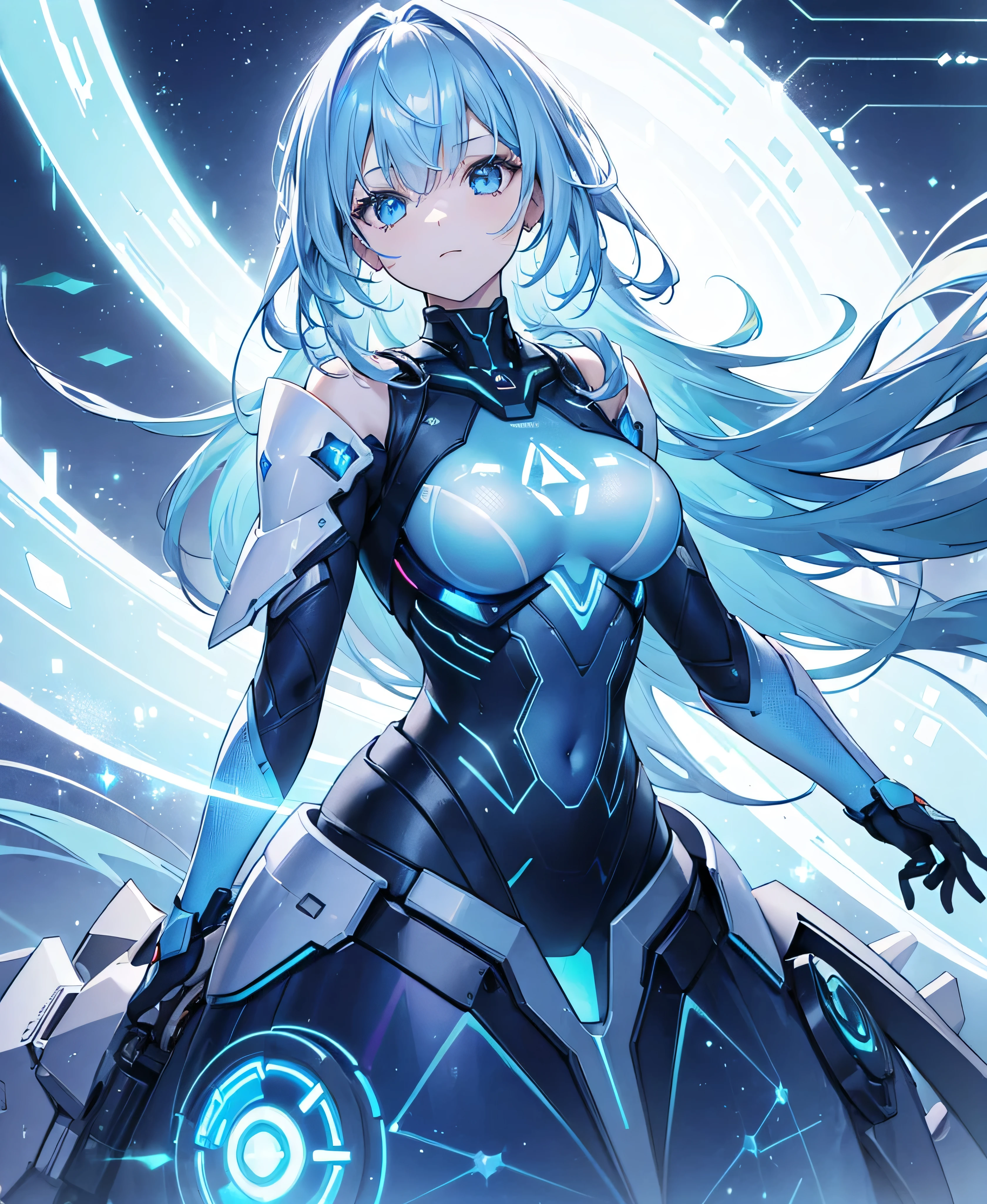 ((Holographic glow effect)),8k, Highest quality, (real:1.4), Original photo, 1 girl, Asari Hair, Biological Amplifier, refined armor, posture: Peace talks between warring factions, smart blue eyes,whole body