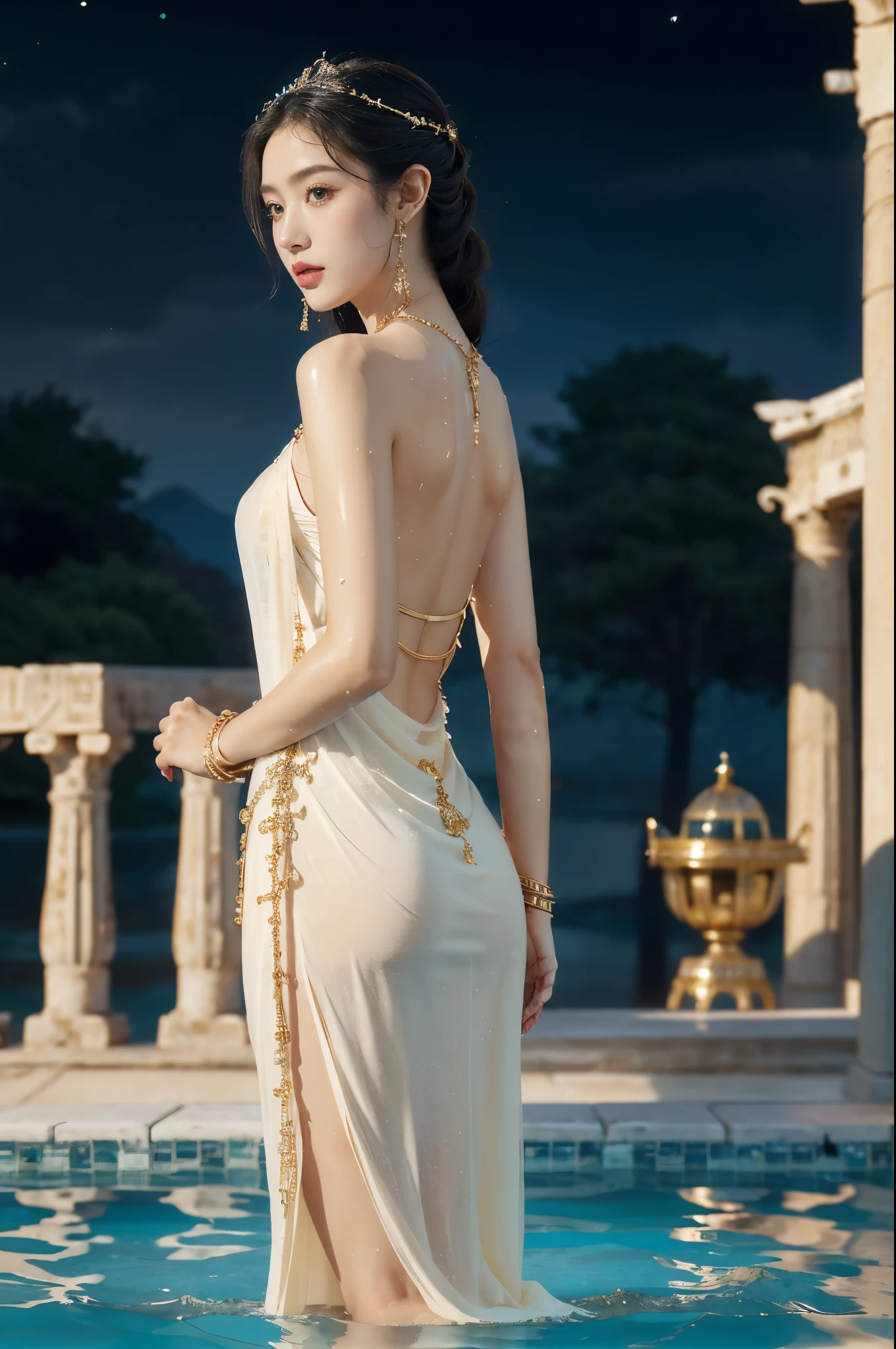 (((best quality))),(((ultra detailed))),(((masterpiece))),illustration,((1 beautiful girl,ancient greek princess,solo)),((earrings,crystal necklace)),(((sweat,wet,shiny skin))),((slim,thin)),((bare back,towering hips,butt crack)),(Gorgeous sheer dress:1.3),(((luxurious pool,grand temple,starry night sky))),summer,radiant complexion,(shoulder length straight hair:1.2),graceful,intricate patterns,embellishments,shimmering fabric,rainbow colors,gentle waves,fragrant oils,lush plants,elegant columns,serene ambiance,(surrounded by crowded crowds of attendants:1.3),ritual of cleansing,opulence,tranquility,solitude,busy life,timeless,enchanting image,essence of ancient greece,((from back,upper body))