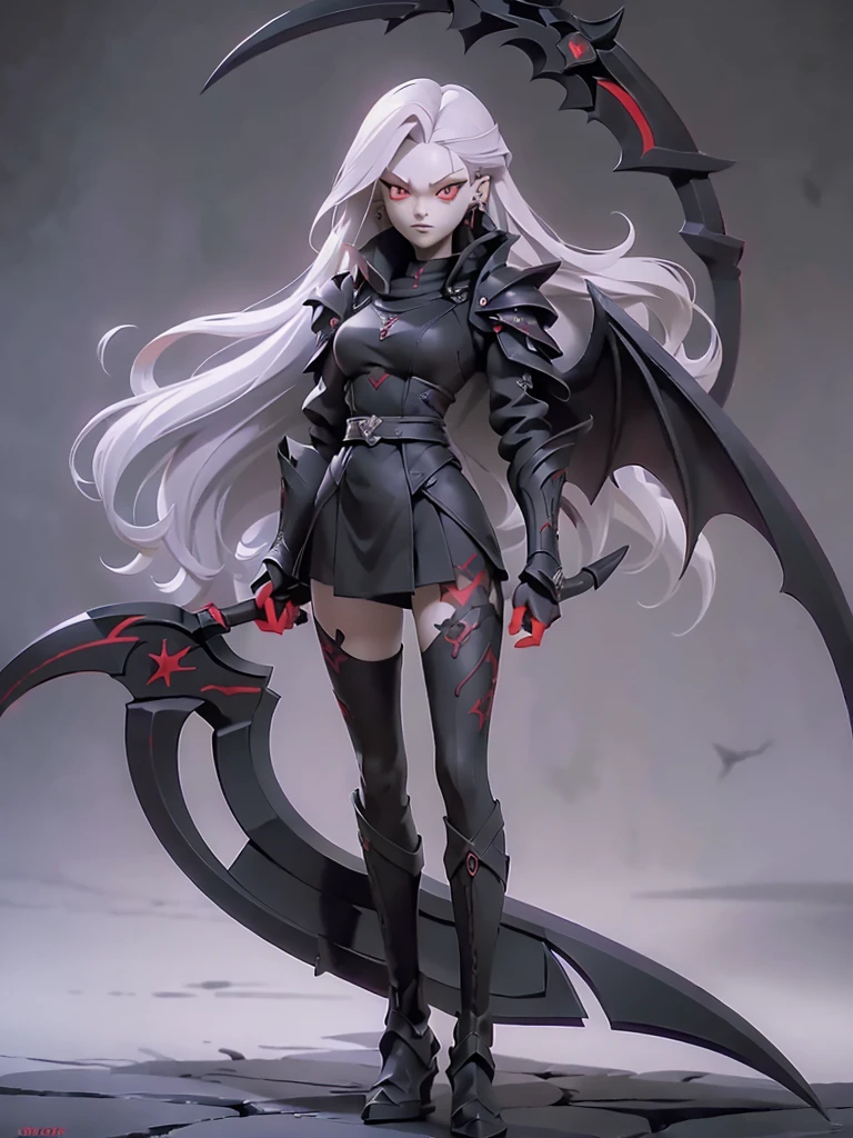(((Masterpiece, best quality, 16k))) Extremely unique beauty female character with long white hair and piercing red eyes. She wears a demonic armor in purple, black, and white. wields a large, stylized scythe. The character has a menacing expression, with a chaotic environment as the background. ((full body front view)). ((slender)), (extremely detailed:1.5), (long white hair:1.2), (piercing red eyes:1.2), (chaotic environment:1.1), (demonic armor:1.3), (stylized scythe:1.3).