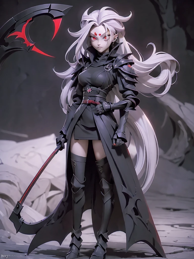 (((Masterpiece, best quality, 16k))) Extremely unique beauty female character with long white hair and piercing red eyes. She wears a demonic armor in purple, black, and white. wields a large, stylized scythe. The character has a menacing expression, with a chaotic environment as the background. ((full body front view)). ((slender)), (extremely detailed:1.5), (long white hair:1.2), (piercing red eyes:1.2), (chaotic environment:1.1), (demonic armor:1.3), (stylized scythe:1.3).