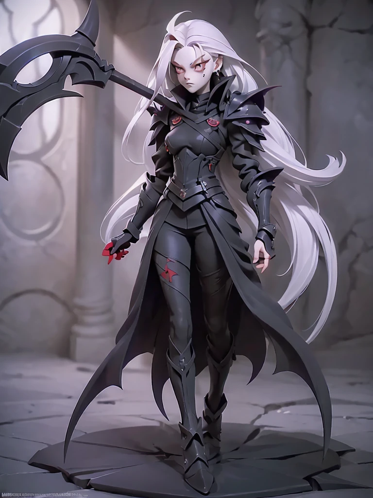 (((Masterpiece, best quality, 16k))) Extremely  unique beauty female character with long white hair and piercing red eyes. She wears a demonic armor in purple, black, and white.  wields a large, stylized scythe. The character has a menacing expression, with a chaotic environment as the background. ((full body front view)). ((slender)), (extremely detailed:1.5), (long white hair:1.2), (piercing red eyes:1.2), (chaotic environment:1.1), (demonic armor:1.3), (stylized scythe:1.3).