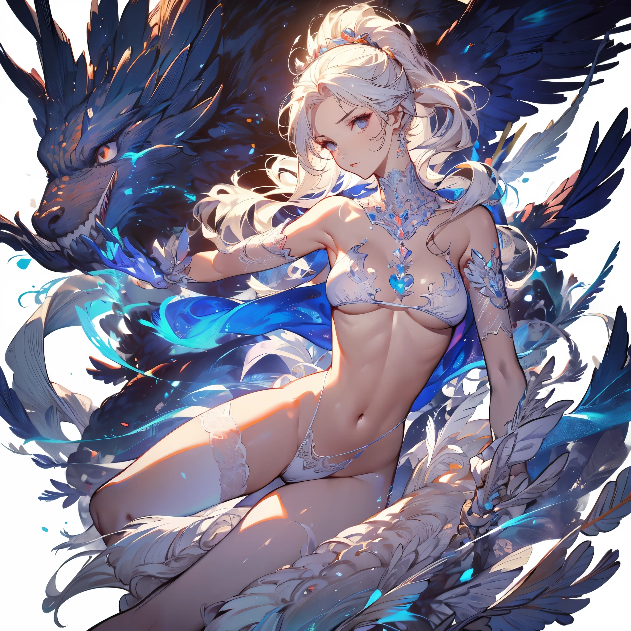 ((masterpiece, best quality)), Delicate face，goddess，little angel，Full body painting，Perfect body proportions，Ponytail long hair，Nice white eyes，Fantasy style，White background，transparent，Sex bikini，Lace，feather，NUDE