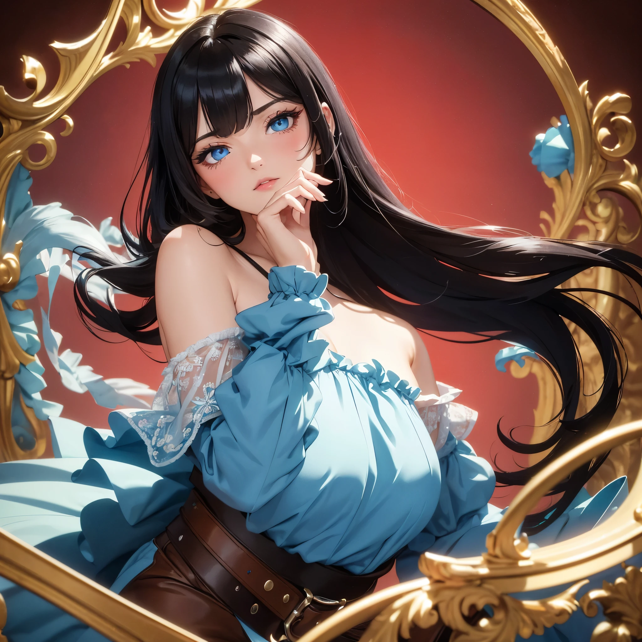 absurderes, ultra-detailliert,bright colour,(in 8K:1.3),masuter piece,extremely beautiful detailed face and eye, 25 years old,(Smooth straight black hair), (Shiny long hair),(Pattsun bangs), (Deep blue eyes) Delicate beautiful face, red blush, (wearing vintage brown dress with a belt on), Nice Spot, vintage background (old styles)