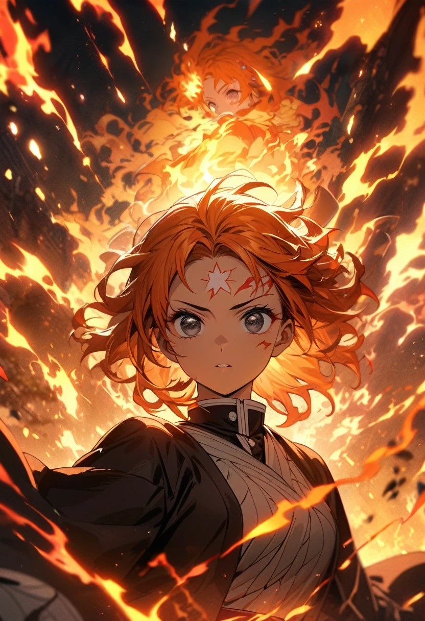 Symetrical,absurdres, highres, ultra detailed, HDR, masterpiece, extremely detailed face and eyes, nami, Kimetsu no yaiba,,orange hair , , solo, women, handsome,Mark on forehead ,, , Epic fight scene,fire red lightning effect, glowing glitters, , flames effect, flaming aura effect,black eyes, flaming splashing, surrounded by flames energy