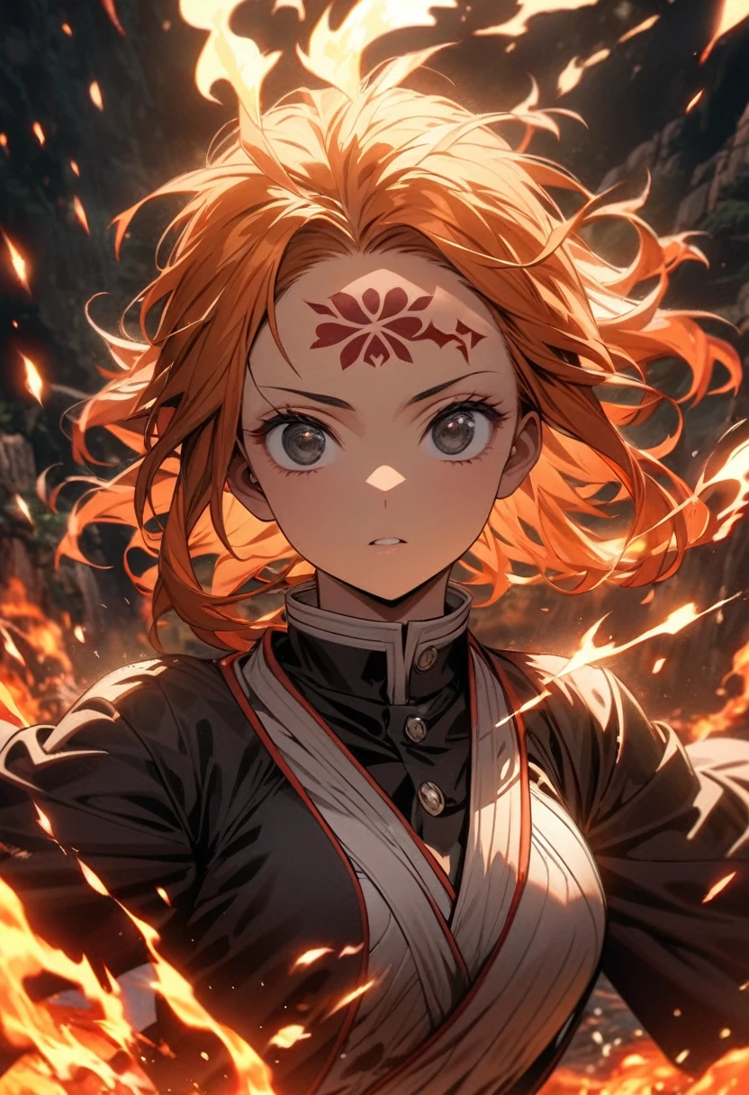 Symetrical,absurdres, highres, ultra detailed, HDR, masterpiece, extremely detailed face and eyes, nami, Kimetsu no yaiba,,orange hair , , solo, women, handsome,Mark on forehead ,, , Epic fight scene,fire red lightning effect, glowing glitters, , flames effect, flaming aura effect,black eyes, flaming splashing, surrounded by flames energy