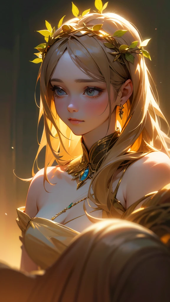 ((tmasterpiece)),(Best quality at best),(A half body),looks away,(ultra intricately detailed),(Highest definition),(8K),(Clean lines),(Perfect facial features,Perfect flesh),(offcial art),1girll,a druid,naturey,grassy,fresh flowers,Skins,Savage,hermit,Beast characteristics,Natural affinity,Blonde messy hair,Extremely long hair