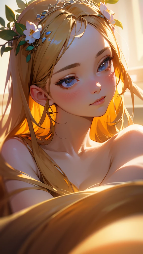 Rapunzel,  long blonde hair,  green eyes, small breasts, slim body,  thin legs, perfect anatomy,  short stature, (masterpiece, best quality:1.4), 8k, 85mm, official art, absurdres, (nude:1.2), (from above:1.1), violaceaess, cute face, beautiful eyes, camisole, upper body, looking at viewer, small head, (smile:0.6), sharp focus, facelight, dynamic lighting, cinematic lighting, dramatic shadow, perspective, depth of field, highres, ultra detailed, finely detail, extremely detailed, detailed eyes and face, sharp pupils, realistic pupils, simple background, small waist, nude, detailed nipples, 