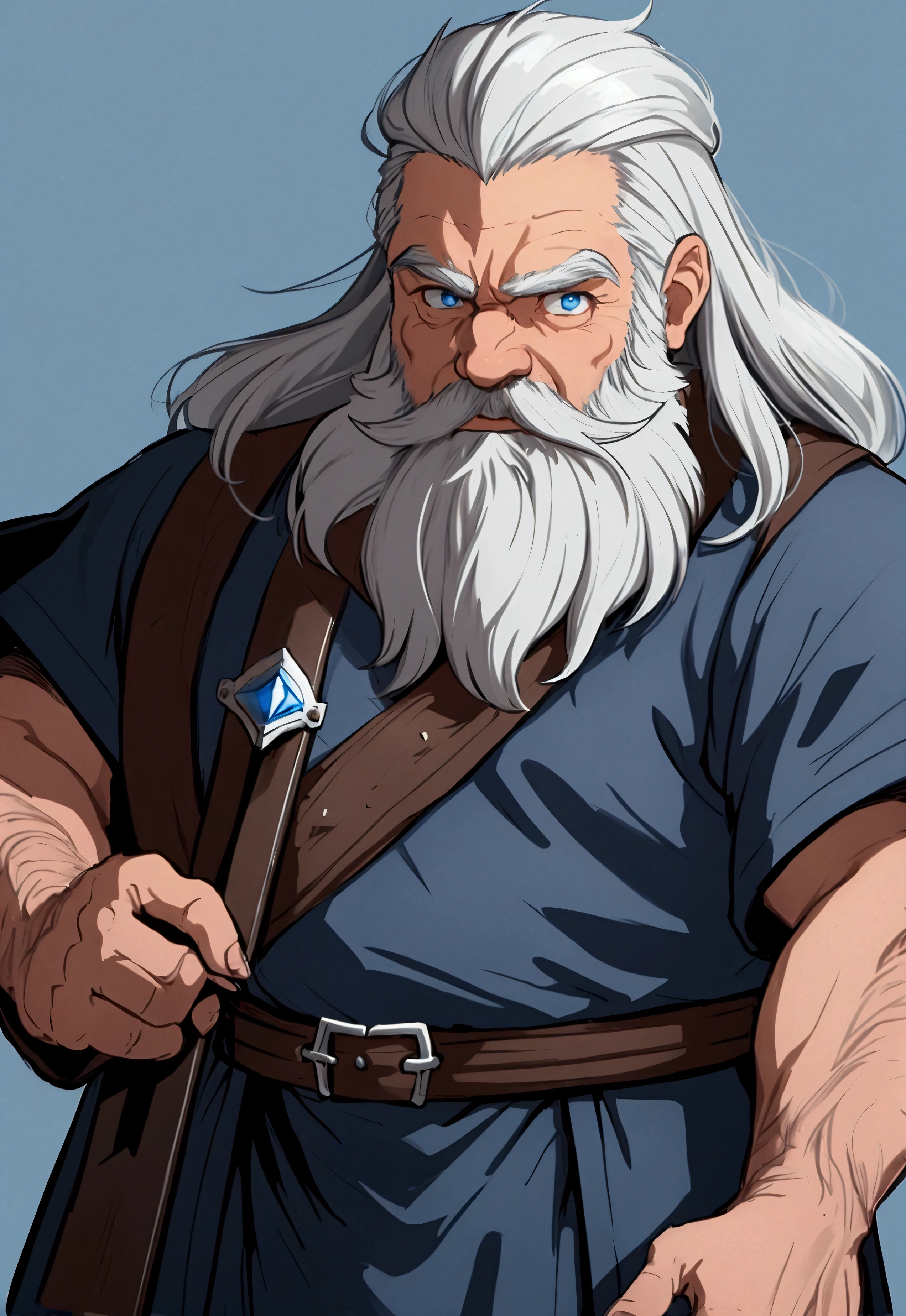 full portrait, simple male cleric, gray hair, full beard, dwarf, battle hardened, calmly standing, older 70s, blue eyes, plain and simple blue background, medieval, shining force style