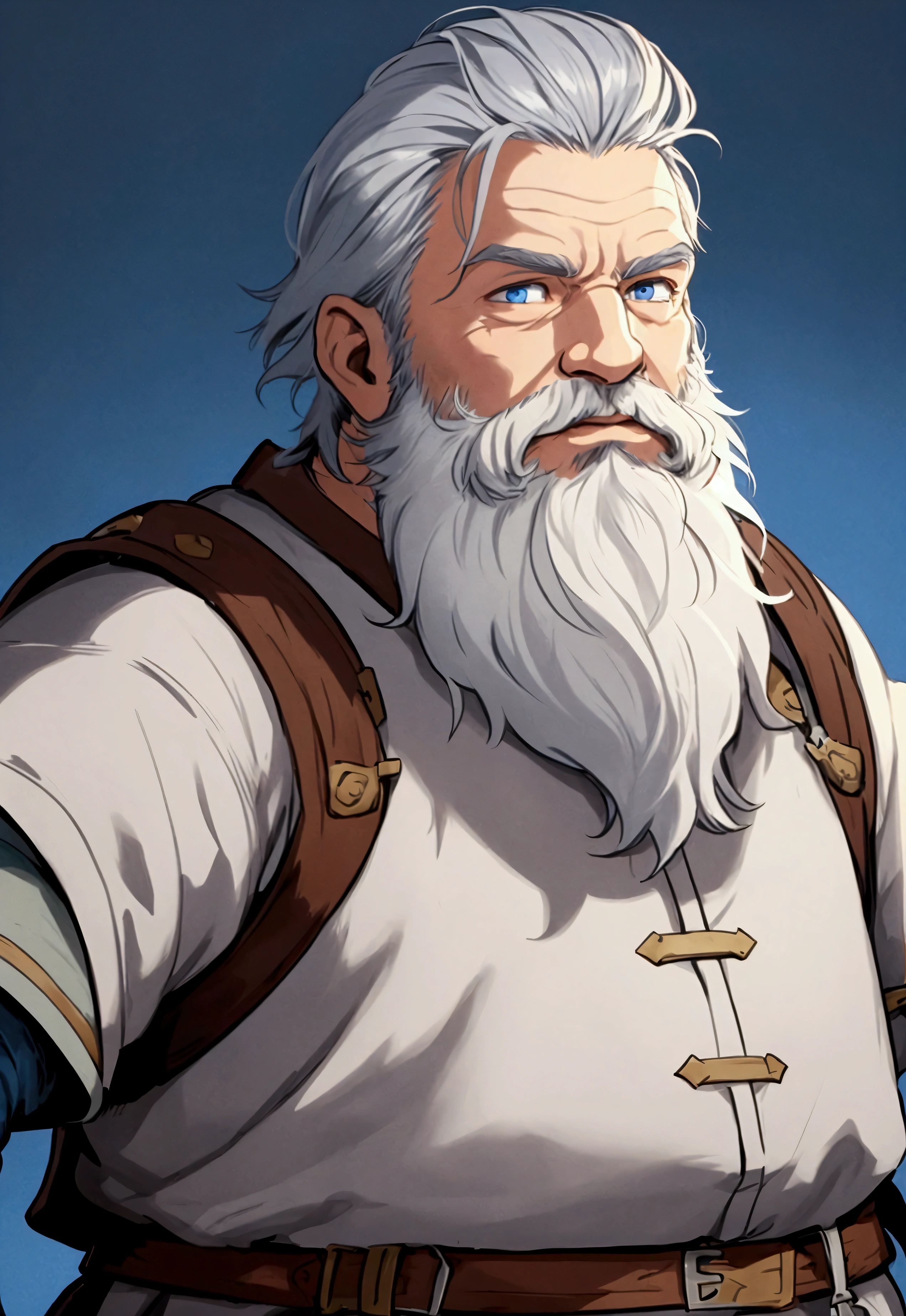 full portrait, simple male cleric, gray hair, full beard, dwarf, battle hardened, calmly standing, older 70s, blue eyes, plain and simple blue background, medieval, shining force style