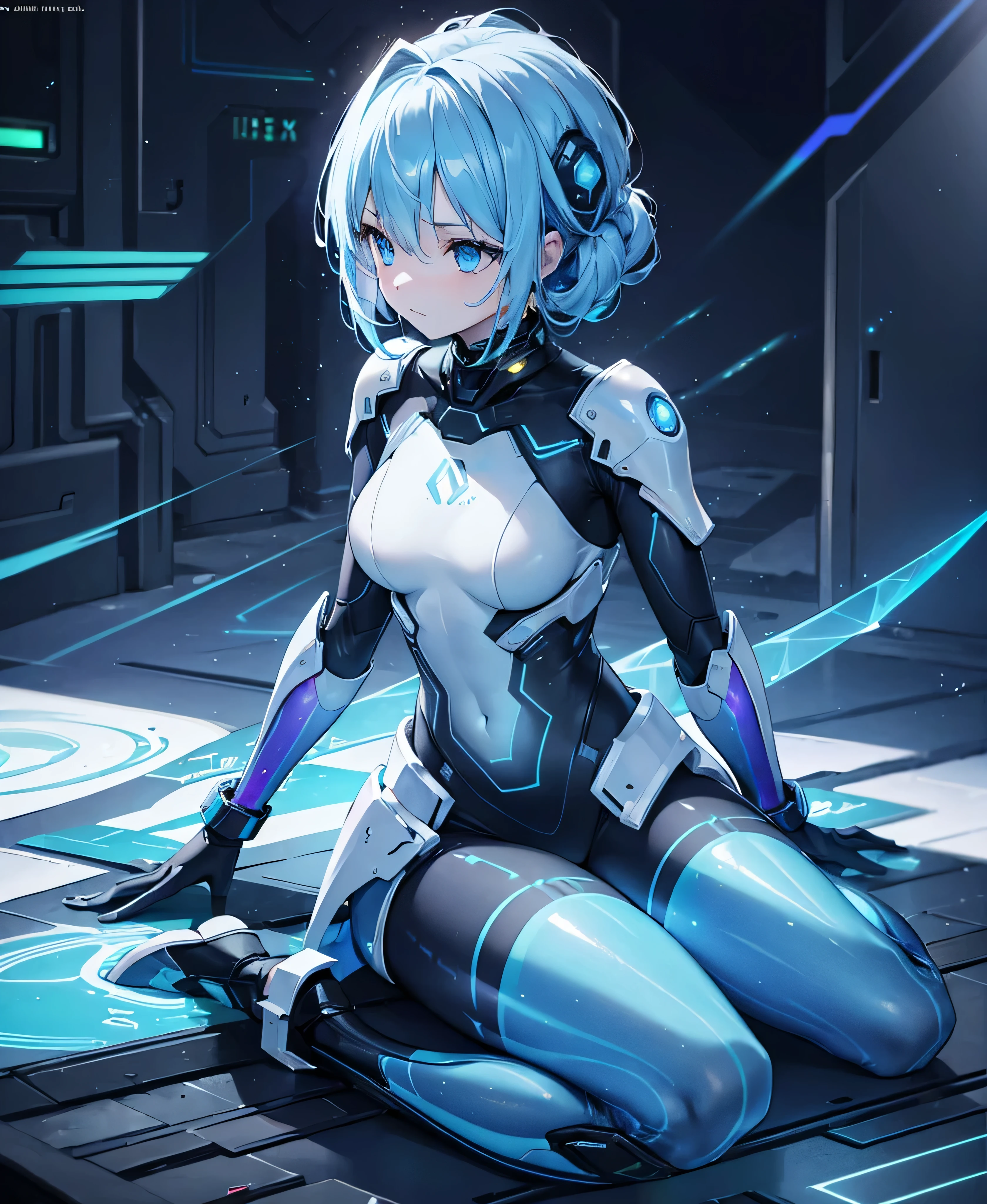 ((Holographic glow effect)),8k, Highest quality, (real:1.4), Original photo, 1 girl, Asari Hair, Biological Amplifier, refined armor, posture: Peace talks between warring factions, smart blue eyes,whole body