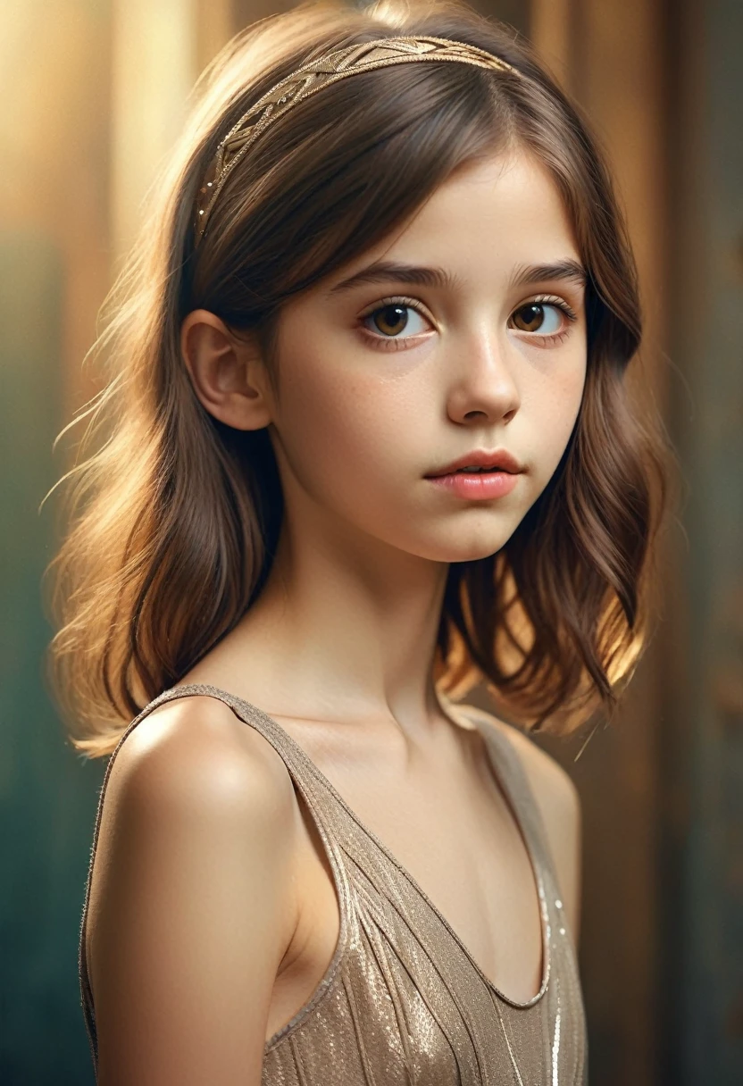 (Cinematic photo:1.3) From (Thigh-length photos:1.3),(skinny:1.3) Beautiful 12 year old girl, (complex brown hair), Highly detailed texture кожи, realistic texture кожи, looks straight into the camera, (looks at the viewer) ), pout, , Shine, Dramatic, Dreamy,, elegant, strange, gentle, Highly detailed, difficult, UHD Digital Photography, , skinny shoulders, Photo to the knees , beautiful young girl, big, Beautiful body, highly detailed full-length shot, Dreamy, , strange, gentle, detailed hair band, Highly detailed texture, realistic texture, digital painting, highly detailed photo, (art deco: 1 .хFromоралFromм:1.3),(Classic realotm:1.3),(Fujifilm Superia:1.3),, golden hour light,