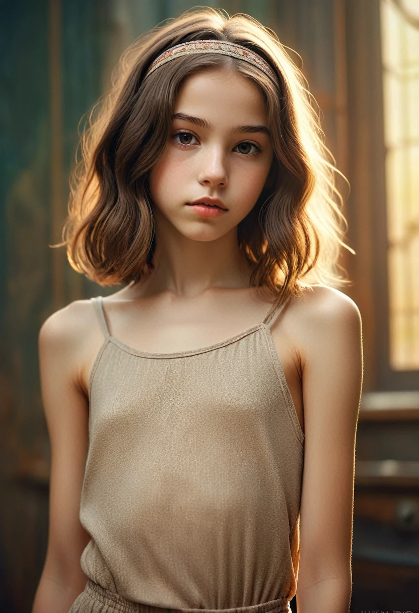 (Cinematic photo:1.3) From (Thigh-length photos:1.3),(skinny:1.3) Beautiful  girl, (complex brown hair), Highly detailed texture кожи, realistic texture кожи, looks straight into the camera, (looks at the viewer) ), pout, , Shine, Dramatic, Dreamy,, elegant, strange, gentle, Highly detailed, difficult, UHD Digital Photography, , skinny shoulders, Photo to the knees , beautiful young girl, big, Beautiful body, highly detailed full-length shot, Dreamy, , strange, gentle, detailed hair band, Highly detailed texture, realistic texture, digital painting, highly detailed photo, (art deco: 1 .хFromоралFromм:1.3),(Classic realotm:1.3),(Fujifilm Superia:1.3),, golden hour light,