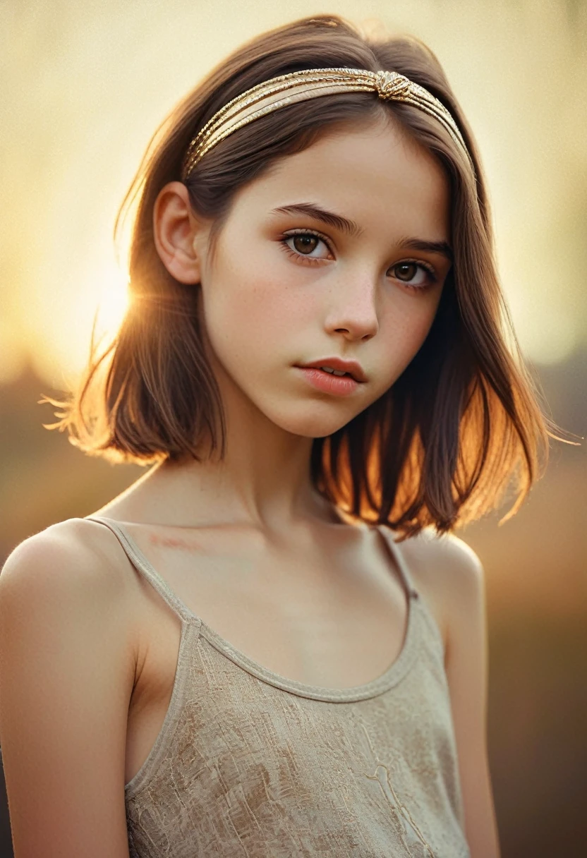 (Cinematic photo:1.3) From (Thigh-length photos:1.3),(skinny:1.3) Beautiful  girl, (complex brown hair), Highly detailed texture кожи, realistic texture кожи, looks straight into the camera, (looks at the viewer) ), pout, , Shine, Dramatic, Dreamy,, elegant, strange, gentle, Highly detailed, difficult, UHD Digital Photography, , skinny shoulders, Photo to the knees , beautiful young girl, big, Beautiful body, highly detailed full-length shot, Dreamy, , strange, gentle, detailed hair band, Highly detailed texture, realistic texture, digital painting, highly detailed photo, (art deco: 1 .хFromоралFromм:1.3),(Classic realotm:1.3),(Fujifilm Superia:1.3),, golden hour light,