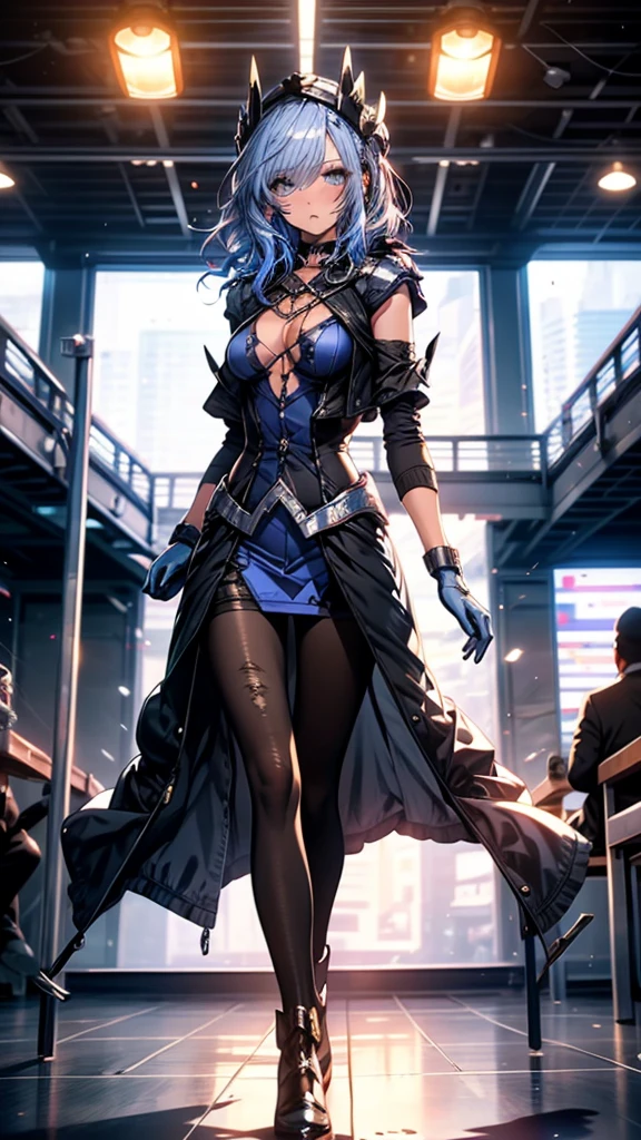 Highest quality,symphony_sugar,Light blue hair,Dark blue eyes,hair ornaments,Long Hair,White Long_Gloves,Light blue short dress,Black Pantyhose,High heels, ,Show me your boots,Gloves,elegant, 1 girl, cute, Blushed, Looking at the audience, From below, prison,Beautiful Eyes, Beautiful background, Particles of light, Light of the sun, Dramatic lighting, outside, Shiny, Realistic, Highest quality, Very detailed, Get used to it, scenery, Beautiful and detailed, Thin Hair,Full Body Shot,