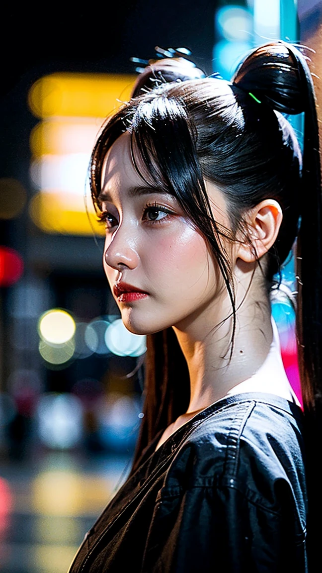 A closeup portrait photo of a young woman with twin-tails hairstyle, city street background, neon lights, slight fog, volumetric lighting, wearing casual dark clothes