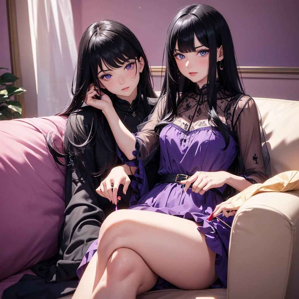 absurderes, ultra-detailliert,bright colour,(in 8K:1.3),masuter piece,extremely beautiful detailed face and eye, 25 years old,(Smooth straight black hair), (Shiny long hair),(Pattsun bangs), (Deep blue eyes) Delicate beautiful face, red blush, (wearing vintage lolli light purple dress), Nice Spot, sitting on the single small couch watching TELEVISION, plain light purple background.(one person)