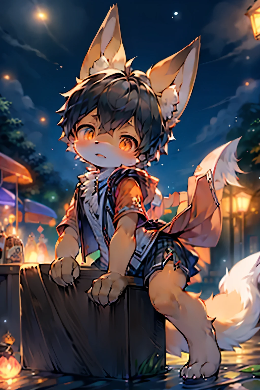 Fox Girl,Furry girls,Baby girl characteristics,Black hair,Orange Skin,Vest,Short skirt