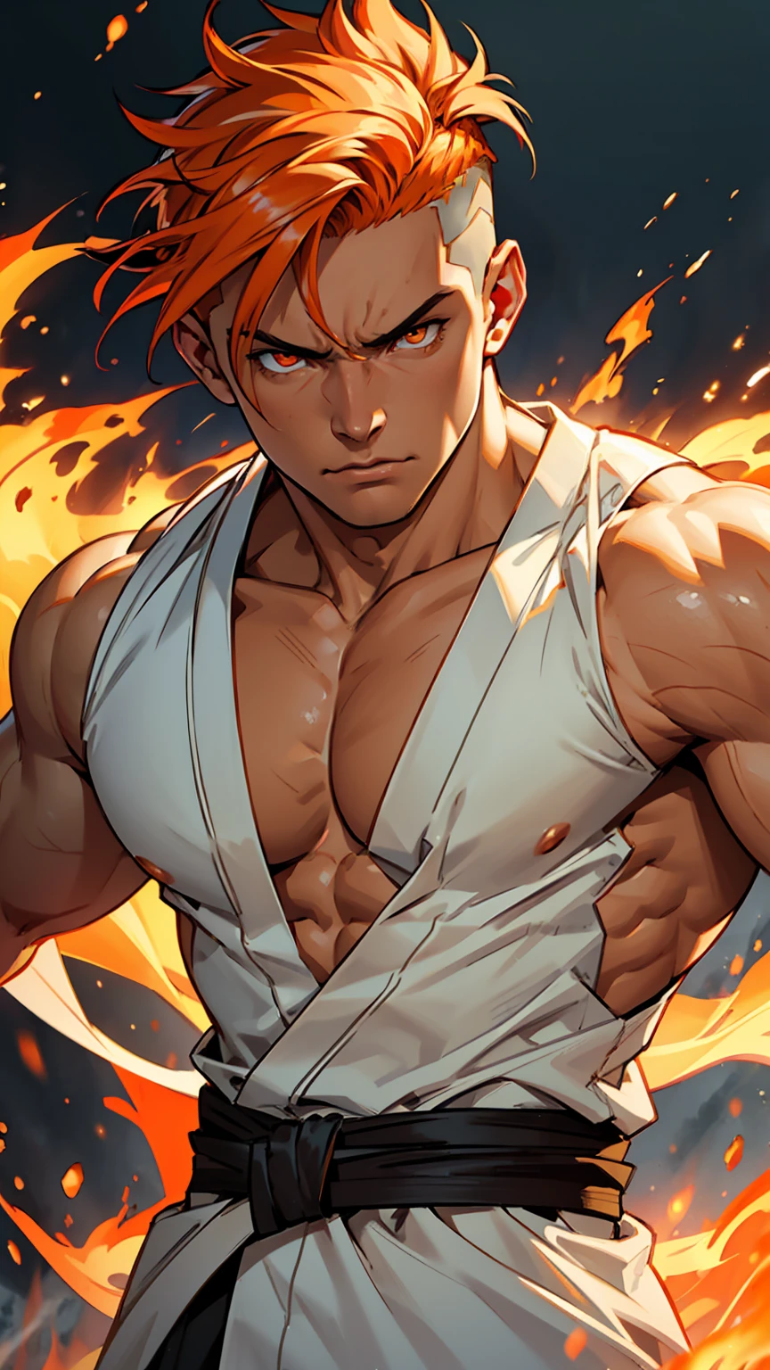 a muscular young man with orange hair and orange eyes, wearing a white kimono with golden details, using powerful fire abilities, the fire covers the entire image, undercut hair, detailed portrait, high definition, 8k, realistic, photorealistic, vibrant colors, dramatic lighting, masterpiece, fire in turn of image, fire background, angry, fury.