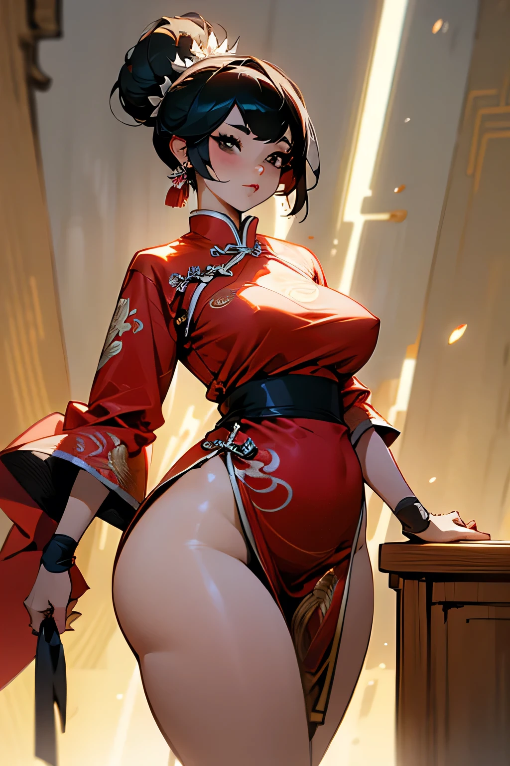 4K, high quality, Soft Light, Cartoon shading, Thick Line, Black short hair, black eyes, sexly, Large Breasts, Thick thighs, Wide hips, Chinese dress, Leg slits, muscular, tune, long flowing Chinese dress, Gorgeous, Jewelry, Hair Bun, Hair accessories, sexly anime lady, Thickness, plump lady, Hip Thickness