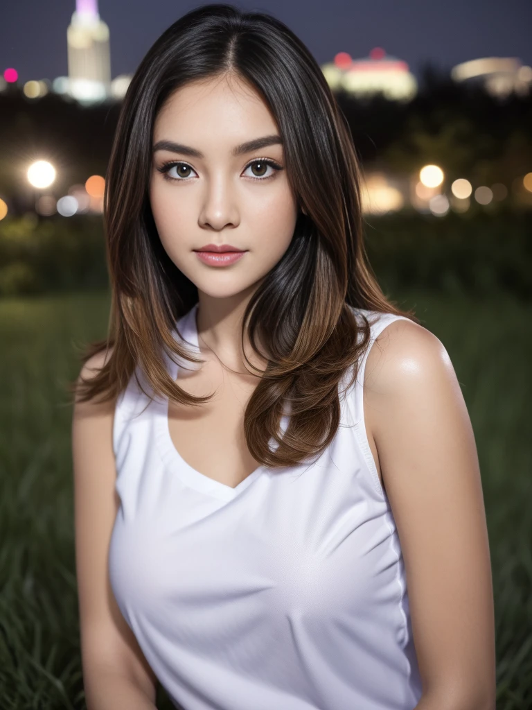 1girl, (uniform), standing, outdoors, night view, detailed Metropolitan city at the background, (above head shot: 1.4), detailed face, detailed eyes, brunette, big breasts, smooth realistic skin, semi-curvy body, white tanktop, grey blue gym short, looking at the audience, (8k, RAW photo, best quality, masterpiece: 1.2), (realistic, realistic: 1.37), ultra-high resolution