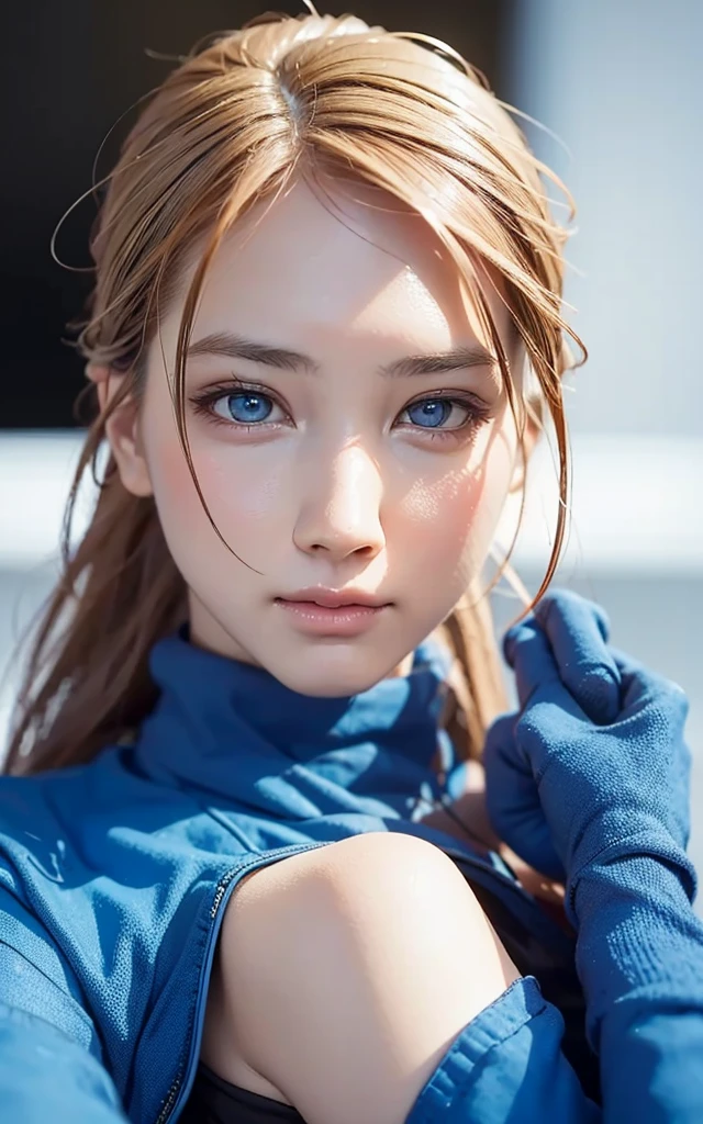 portrait, realistic, elegant woman, zero suit, blue eyes, blonde hair, 4k resolution, Hyper Realistic