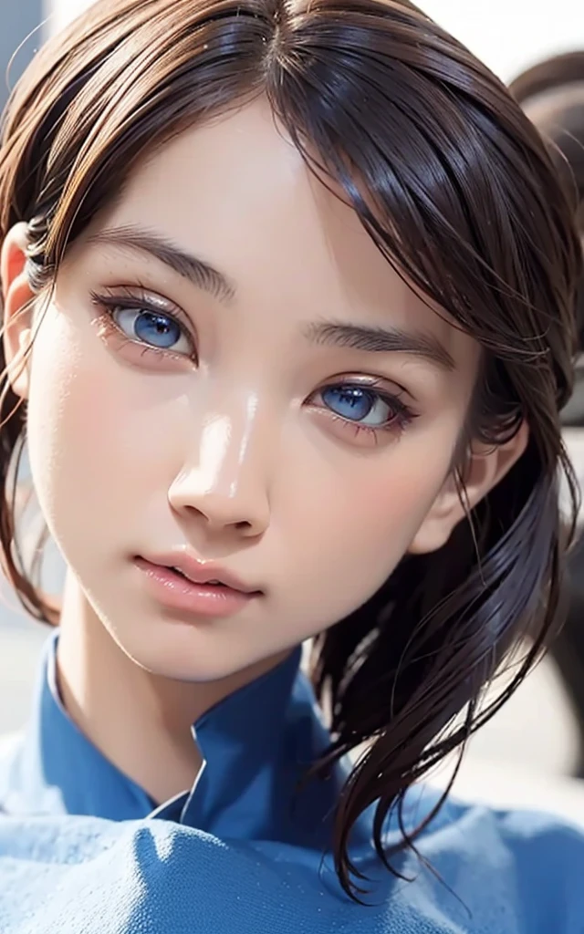 portrait, realistic, elegant woman, zero suit, blue eyes, blonde hair, 4k resolution, Hyper Realistic