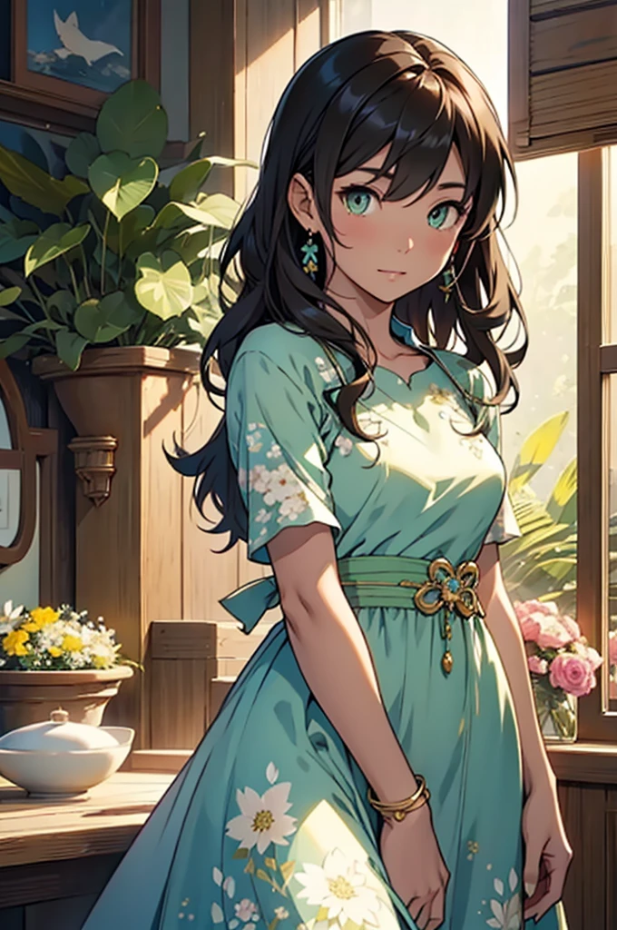 Sayaka has long, silky dark chestnut hair that is always neatly styled in waves. Her large, bright green eyes radiate warmth and mystery, and her skin has a delicate, light shade. She often wears elegant dresses with floral patterns that emphasize her graceful figure, and always wears delicate jewelry that emphasizes her charm.