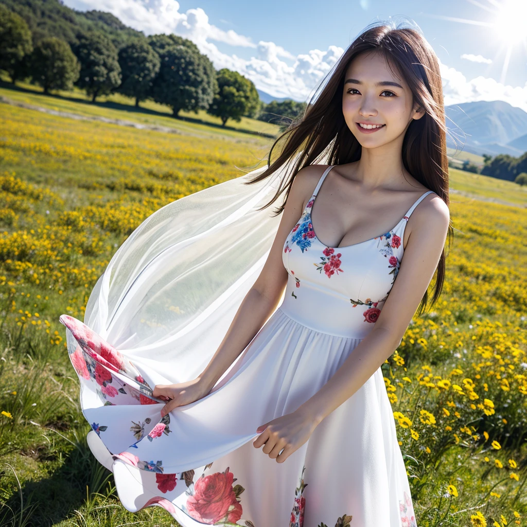 Highest quality,master piece,incredibly absurdres,high resolution,lens flare,a girl, one girl,solo focus,alone,full body,perfect anatomy,8k,a girl, one girl,solo focus,alone,Japanese women,26 years old,clear,Transparent,Clean and fresh,beautiful,White skin,Beautiful eyes,Detailed eyes,smile,teeth,lomg straight hair(brown),Large Breasts,Floral dress,Countryside in the background,blue sky,White cloud,one girl
