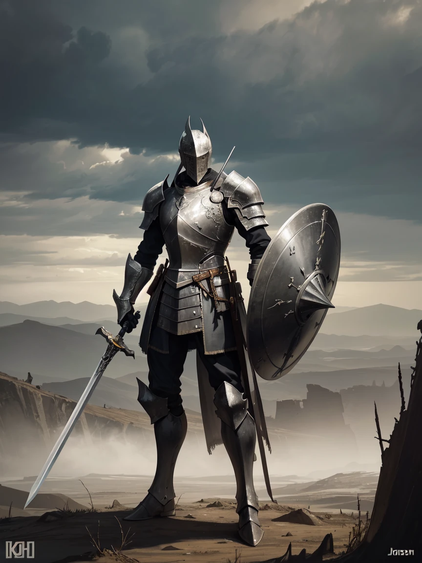 {
"Create an image of a surrealist apocalyptic scene with the focus on a knight standing prominently in the foreground. The knight, shown in full body, is wearing detailed armor, holding a sword and shield. The background features a desolate, eerie landscape with remnants of ruined structures, dark clouds, and an ominous sky. Emphasize the knight's heroic and resilient presence, capturing the intricate details of his armor and stance. Avoid including any written text in the image."
}