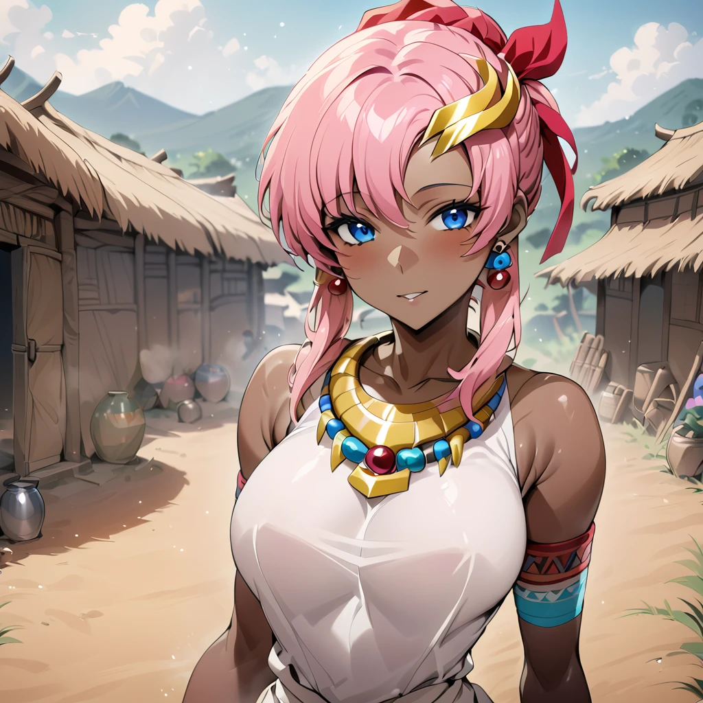 ((Highest quality)), ((masterpiece)), (detailed), （Perfect Face）、The woman is Lacus Clyne, a native African woman with dark skin, blue eyes, curly pink afro hair, a hair ornament, a colorful headscarf, tribal accessories such as tribal necklaces and tribal earrings, and wearing colorful native tribal clothing.、The woman is in a native African tribal village.