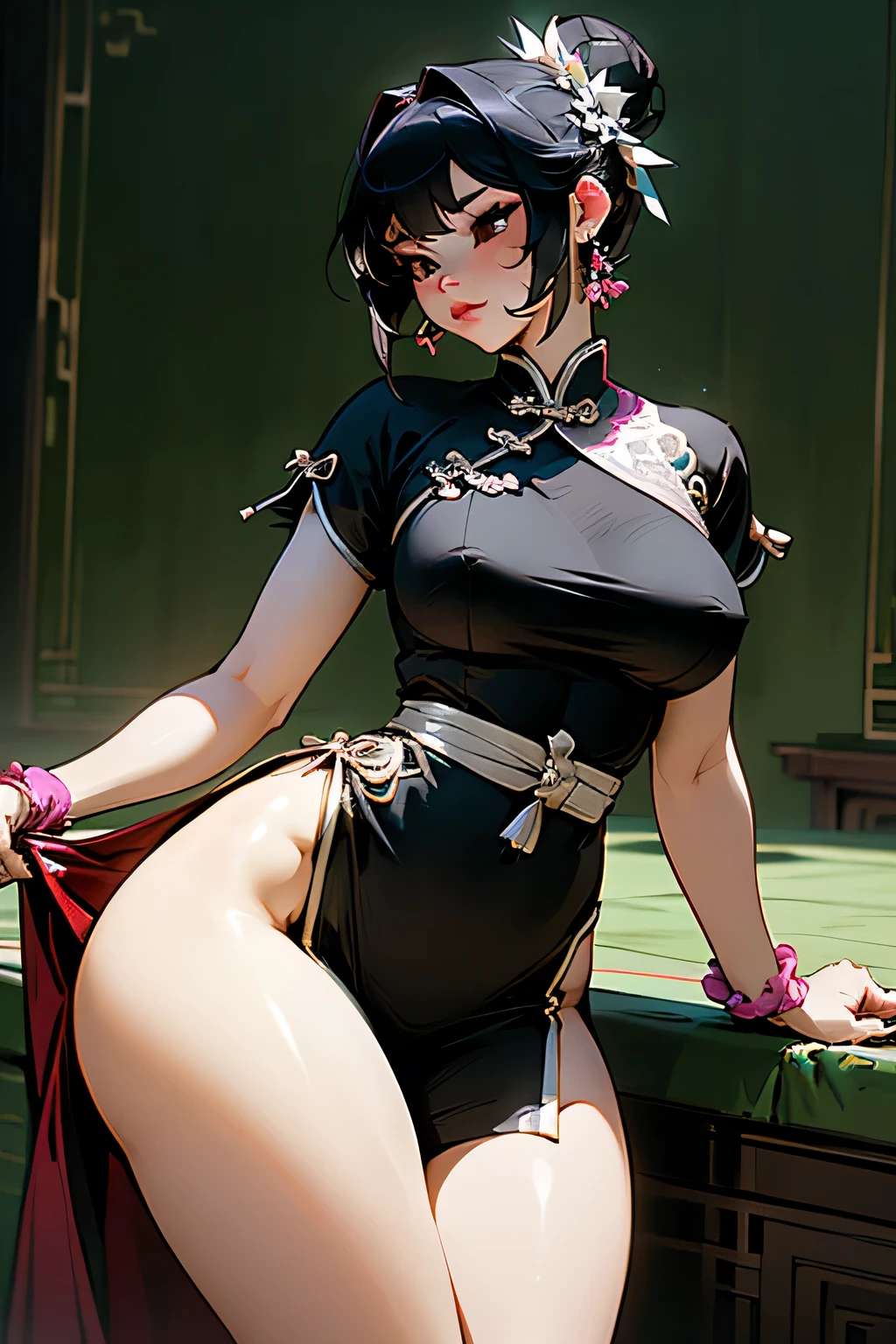 4K, high quality, Soft Light, Cartoon shading, Thick Line, Black short hair, black eyes, sexly, Large Breasts, Thick thighs, Wide hips, Chinese dress, Leg slits, muscular, tune, long flowing Chinese dress, Gorgeous, Jewelry, Hair Bun, Hair accessories, sexly anime lady, Thickness, plump lady, Hip Thickness