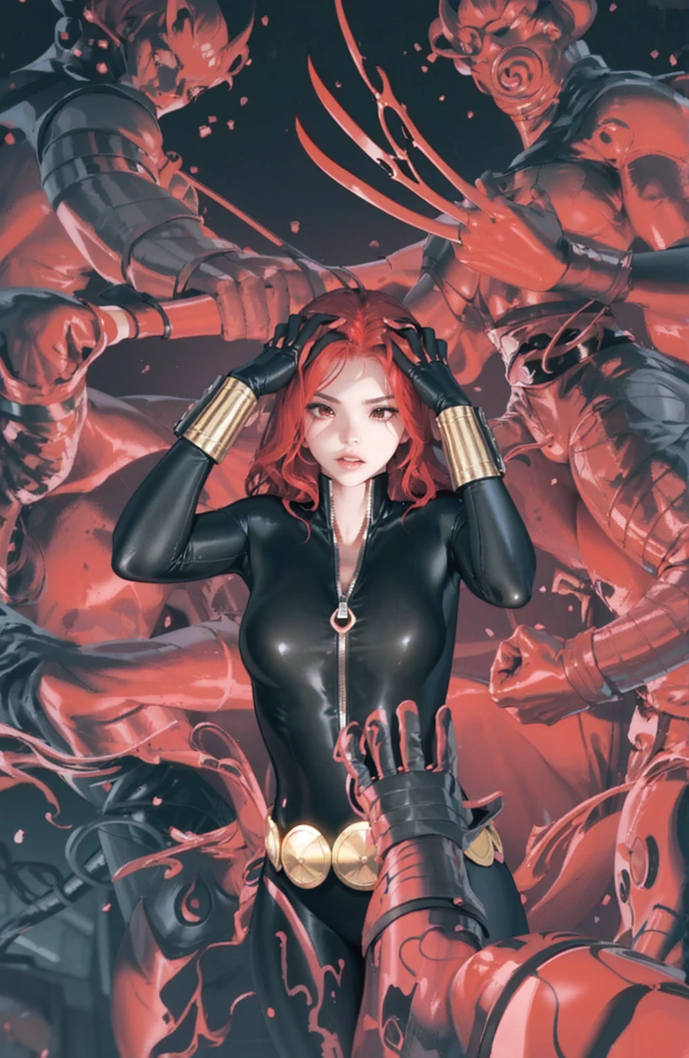 The image displays a red-haired woman in a sleek skin-tight shiny black latex bodysuit with a deep-cut zipper neckline revealing a large chest, the silver zipper running down the front
 adorned with gold wrist guards and belt, standing with her hands on her head against a red background. She is surrounded by numerous red hands or claws extending toward her from all directions, creating an intense, dramatic atmosphere and indicating some form of impending threat. Her posture suggests determination and readiness, painting her as a figure of power or heroism amid the danger.