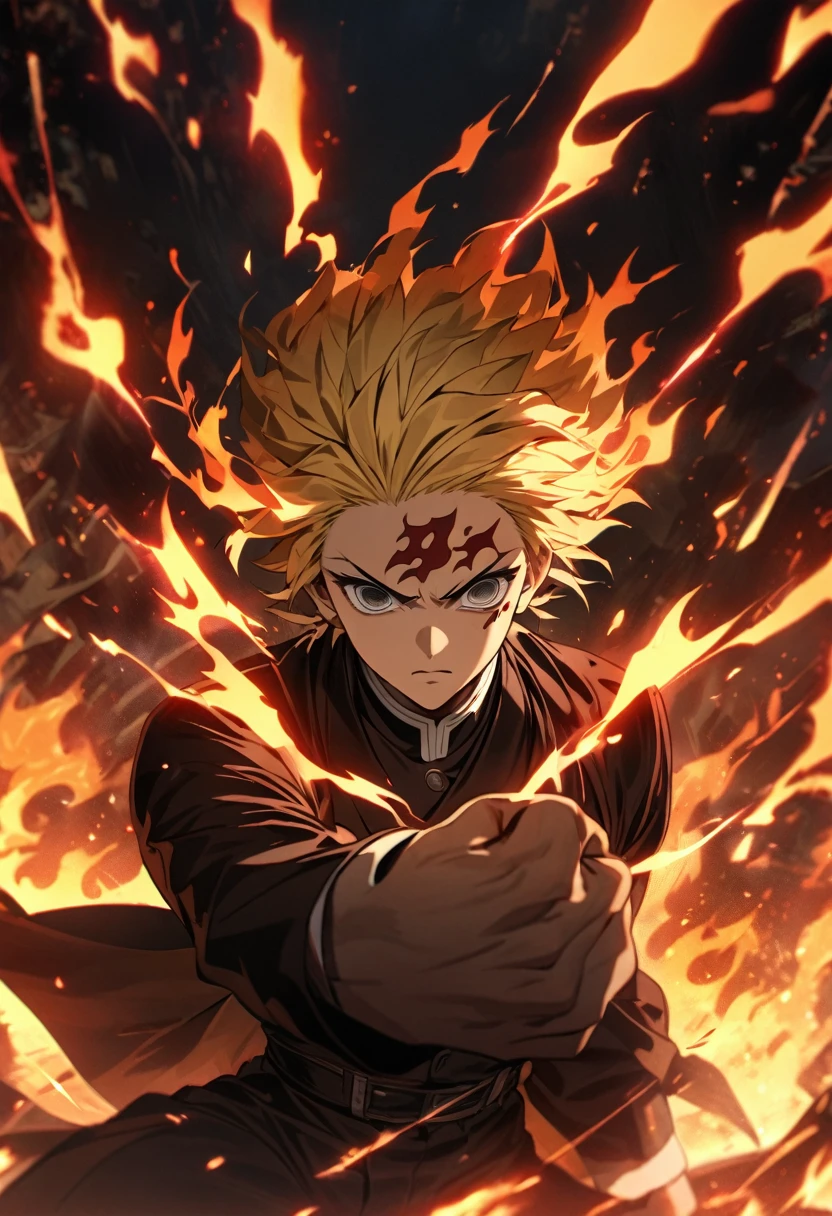 Symetrical,absurdres, highres, ultra detailed, HDR, masterpiece, extremely detailed face and eyes, vinsmoke sanji, Kimetsu no yaiba,,yellow hair , , solo, men, handsome,Mark on forehead ,, , Epic fight scene,fire red lightning effect, glowing glitters, , flames effect, flaming aura effect,black eyes, flaming splashing, surrounded by flames energy, cigrette