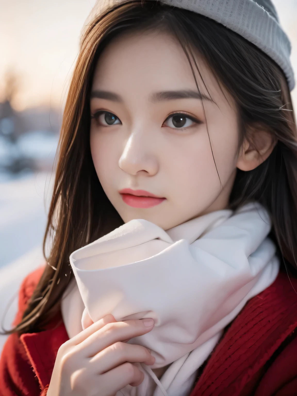 winter, landscape, snow, cold, trembling, runny nose, breathe, 流runny nose, outdoor,  1 Girl, Solitary, Mila Maxwell, high resolution, absurd,