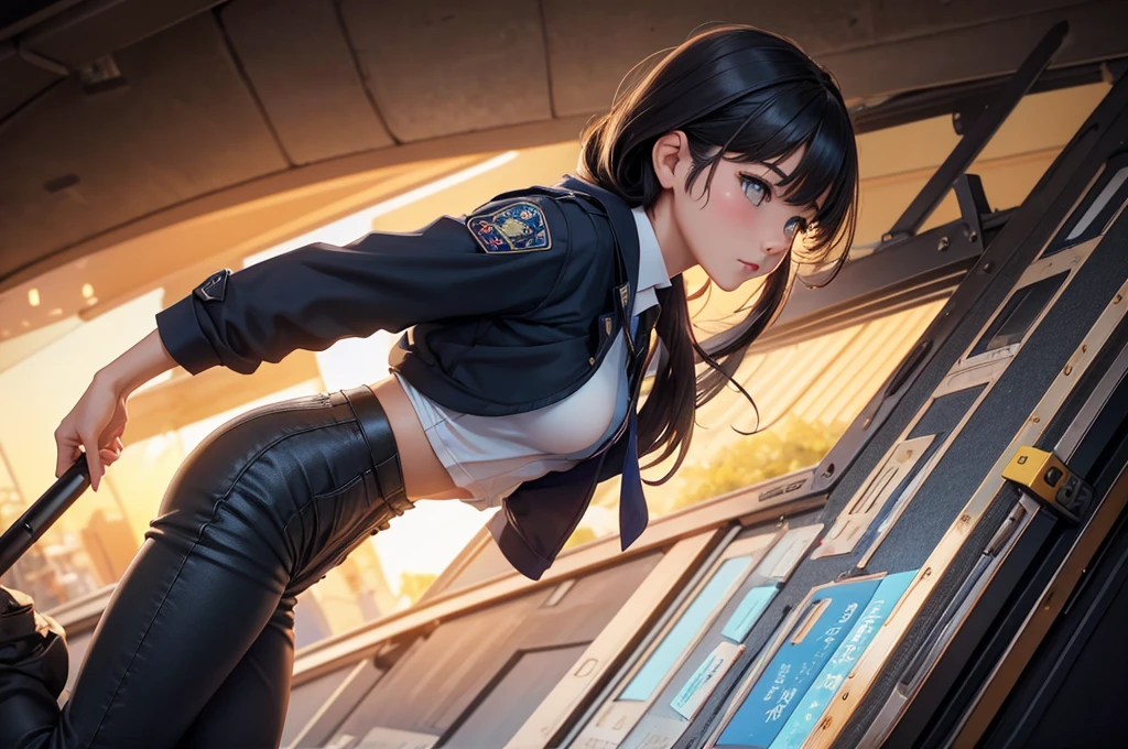 美しい女性Police Officerが犯罪者に組み伏せられてズボンを下ろされて膣にチンポを挿入されている, 
1人のwomen are{((Beauty))in((Slender))inあり、(Small waist)、Large Breasts、Has feminine curves。
つり目in(blush)While(睨んinいる)。
women are黒髪in黒い瞳は正義感in見てAnd、Bangs are parted。
women are((Police Officer))in、警察の服装にスーツパンツ姿in、She is wearing a tight fitting white shirt and black lace underwear。women are腕時計をしてAnd、Equipped with a holster。There&#39;s a gun in the holster。
women are軍用ブーツをはき、半脱ぎinスーツのズボンが降ろされた状態。
Women and muscular men((Forced to have sex with clothes on))されてAnd、((Head held down))お尻が上がった状態in、(My pants and underwear were taken off)((Penis inserted into vagina from behind))されてAnd(膣内にA lot of semen)It has been issued。
The woman&#39;s white shirt is torn(My chest is exposed)And、((A lot of semen))is placed on the body。
Messy room, Dark Room, storehouse, 
(back)), ((Low - Angle)), ((Highest quality:1.6)), (Super fine:1.4), (非常に繊細in美しい:0.4), (High resolution:1.5), (masterpiece:1.2), 

