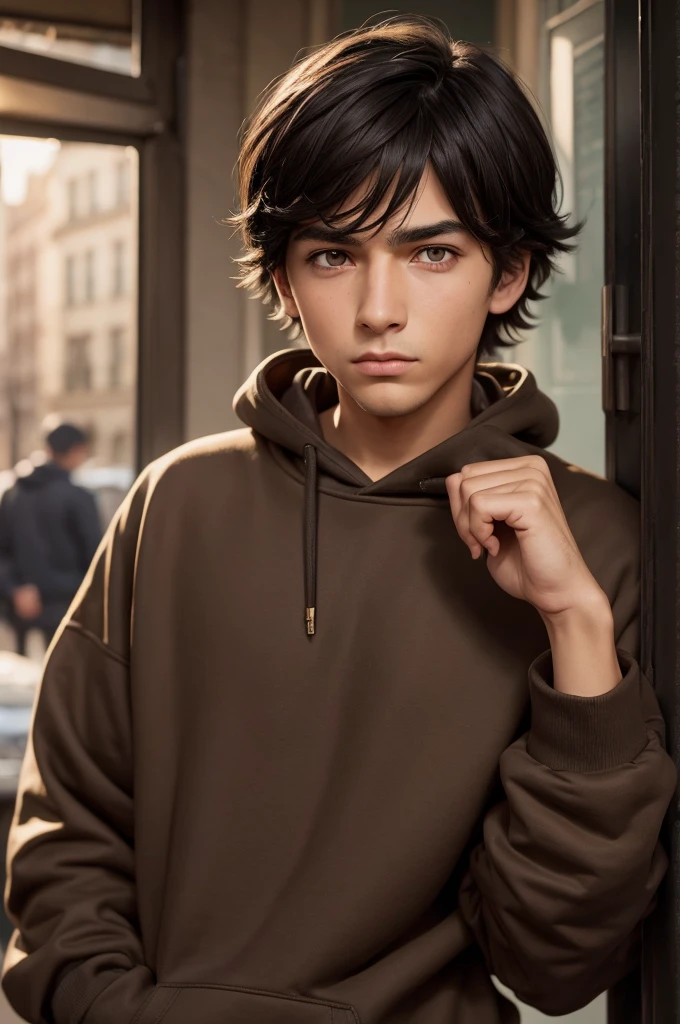 boy, blacksad, eyes browns, black hair in a sweatshirt