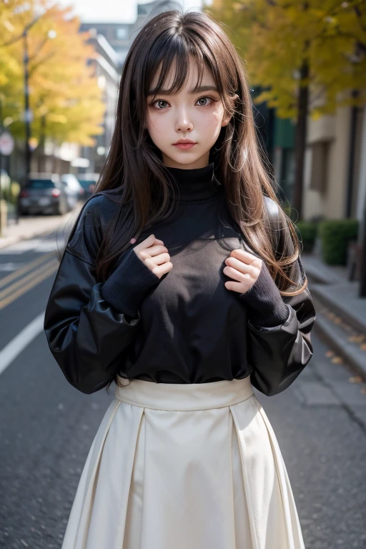 characteristic,, , 1 girl, Ahoge, bangss, black overskirt, black sweater, blue nails, Blurry, Blurry background, breastsout, eyes browns, chestnut hair, brown jaket, cloused mouth, dated, giorno, Depth of field, aretes, eyelash, hands up, tilt your head, jaket, jewerly, long hair, long sleeves, looking ahead at viewer, medium breastsout, glaze, clothes open, open jaket, plein-air, pursed lips, shirt tucked in, side locks, overskirt, sleeves past the wrists, standing alone, sweater, trunk, zipper, , , ((work of art)), , 