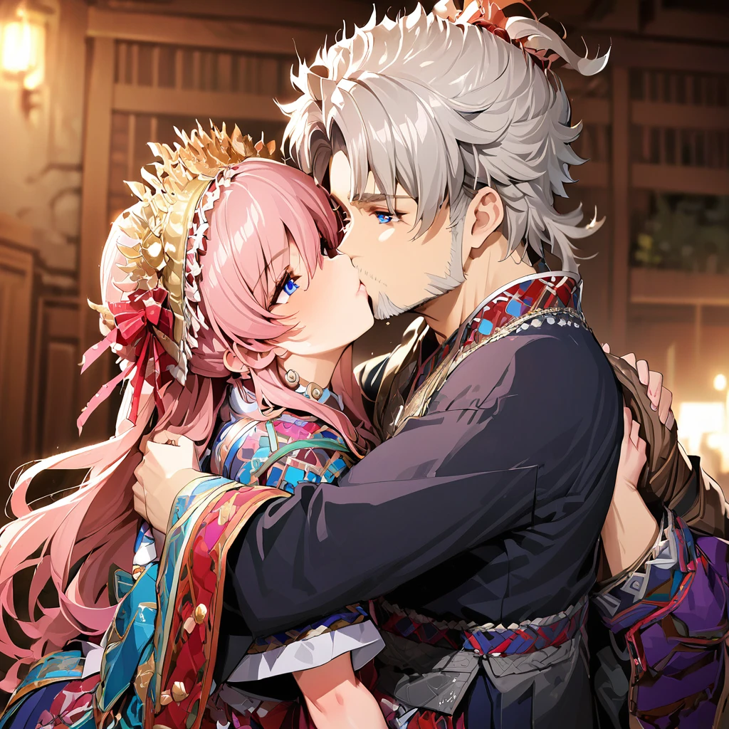 ((Highest quality)), ((masterpiece)), (detailed), （Perfect Face）、The woman is Lacus Clyne, with blue eyes, semi-long pink hair, and is wearing a gorgeous national costume and a gorgeous headdress.、She is kissing and embracing her husband, the dignified, bearded, middle-aged emperor.