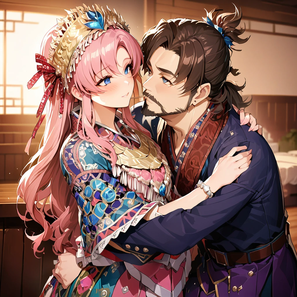 ((Highest quality)), ((masterpiece)), (detailed), （Perfect Face）、The woman is Lacus Clyne, with blue eyes, semi-long pink hair, and is wearing a gorgeous national costume and a gorgeous headdress.、She is kissing and embracing her husband, the dignified, bearded, middle-aged emperor.