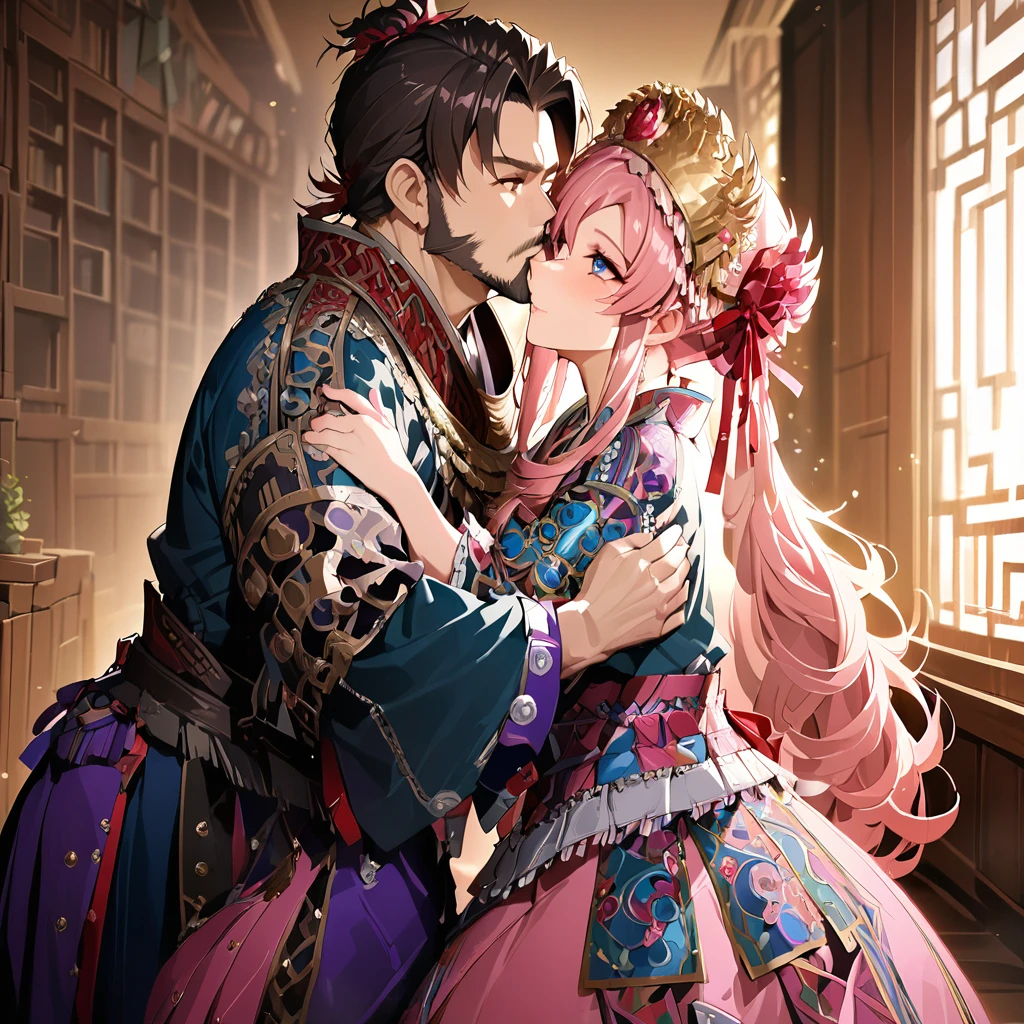 ((Highest quality)), ((masterpiece)), (detailed), （Perfect Face）、The woman is Lacus Clyne, with blue eyes, semi-long pink hair, and is wearing a gorgeous national costume and a gorgeous headdress.、She is kissing and embracing her husband, the dignified, bearded, middle-aged emperor.