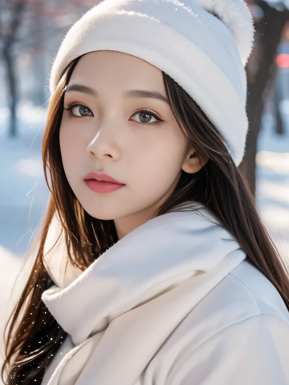 winter, landscape, snow, cold, trembling, runny nose, breathe, 流runny nose, outdoor,  1 Girl, Solitary, Mila Maxwell, high resolution, absurd,