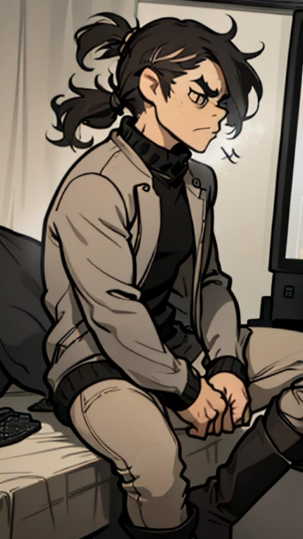 (detailed), (((normal guy))), (Arabic characteristics), ((gray wool jacket)), ((pelo negro rizado ponytail hairstyle)), ((ponytail hairstyle)), (calm face), ((by the width)), ((Brown boots)), (((whole body))), ((sitting in a gamer room)), ((male)), (gray turtleneck sweater), ((only one person)), (at night), seen in profile