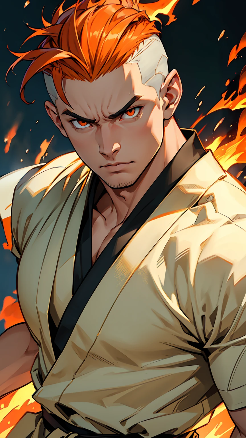 a muscular young man with orange hair and orange eyes, wearing a white kimono with golden details, using powerful fire abilities, the fire covers the entire image, undercut hair, detailed portrait, high definition, 8k, realistic, photorealistic, vibrant colors, dramatic lighting, masterpiece, fire in turn of image, fire background, angry, fury.