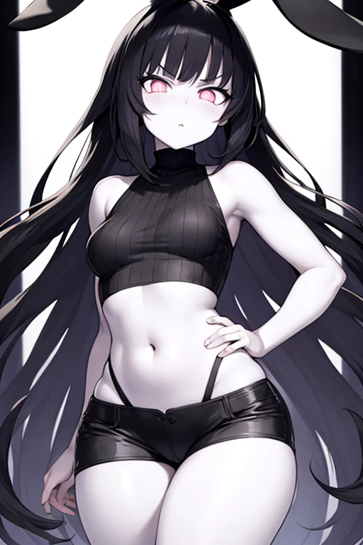 An anime girl with white skin, long black hair with flowing hair and two black tails and rabbit ears, somewhat large eyes with thick black eyelashes, yellow pupils, a small nose, pink lips, a serious expression, an hourglass body with a prominent bust, large hips, a round butt and legs. small waist, she is wearing a sweater that goes up part of her legs and is bare shoulders and has a black belt at her waist