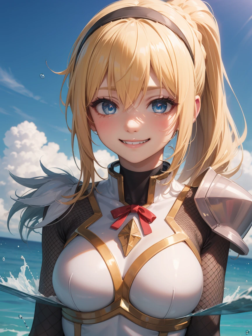 blonde hair, long hair with pony tail, hair ornament, 
BREAK (open clothes, hairband, grin, (gold armor), body markings:1.2), BREAK fishnet, ocean, partially submerged, happy, looking at you, closed mouth, blue sky,
BREAK (masterpiece:1.2), best quality, high resolution, unity 8k wallpaper, (illustration:0.8), (beautiful detailed eyes:1.6), extremely detailed face, perfect lighting, extremely detailed CG, (perfect hands, perfect anatomy),