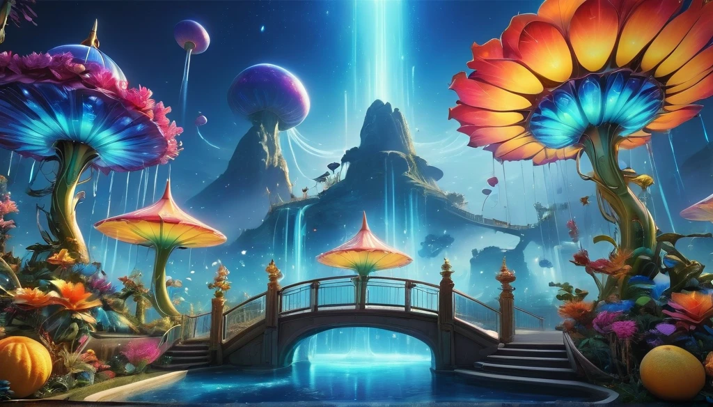 amusement park,Surreal and exotic landscapes，Beautiful everywhere、Vibrant、colorful。On the screen々Strange alien flowers of all shapes and sizes are projected.，A wide variety of tasty alien fruits。Best image quality，Resolution is 4K or 8K，Capture every detail perfectly。The pictures are very detailed，Presented in a realistic way，Delivering a truly immersive experience。This work combines illustration techniques with 3D rendering..，Visually stunning、A work of excellent craftsmanship。Bright colors，Enhance the surreal atmosphere of the landscape。The lighting design is very detailed，Expressing complex changes in light and shadow，Add layers and depth to your scenes。This work arouses curiosity and awe in the viewer.。.。，Take your audience into a magical, surreal world，Where natural beauty takes on a whole new meaning。